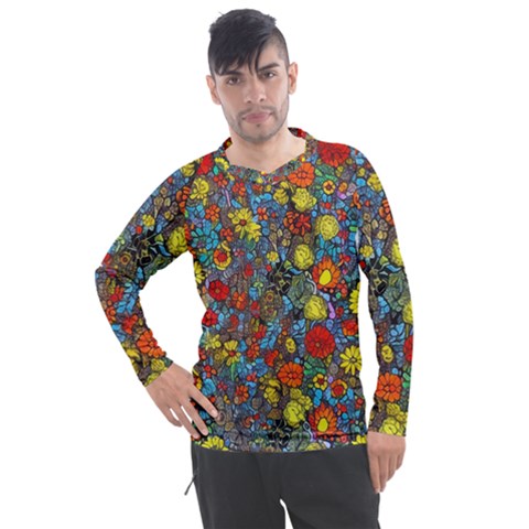 Mid Century Retro Floral 1970s 1960s Pattern 56 Men s Pique Long Sleeve T-shirt by violetheavensky