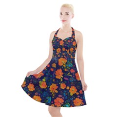 Mid Century Retro Floral 1970s 1960s Pattern 61 Halter Party Swing Dress  by violetheavensky
