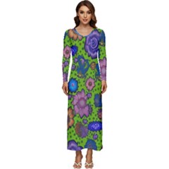 Mid Century Retro Floral 1970s 1960s Pattern 59 Long Sleeve Longline Maxi Dress by violetheavensky