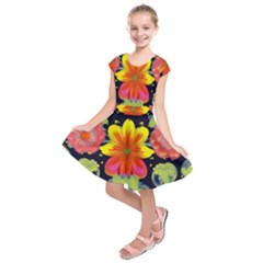 Mid Century Retro Floral 1970s 1960s Pattern 54 Kids  Short Sleeve Dress by violetheavensky