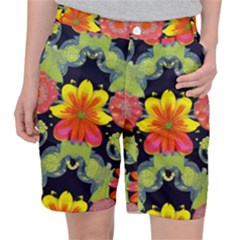 Mid Century Retro Floral 1970s 1960s Pattern 54 Women s Pocket Shorts by violetheavensky