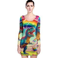 T-rex And Unicorns Long Sleeve Bodycon Dress by RainbowTyrannosaurus
