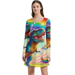 Trex/unicorns Long Sleeve Velour Skater Dress by RainbowTyrannosaurus