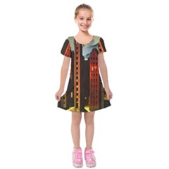 Sci-fi Futuristic Science Fiction City Neon Scene Artistic Technology Machine Fantasy Gothic Town Bu Kids  Short Sleeve Velvet Dress by Posterlux