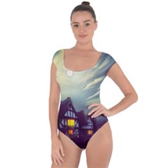 Village Moon Cloudy Historical Tudor Architecture Houses Town Night Windows City Short Sleeve Leotard  by Posterlux