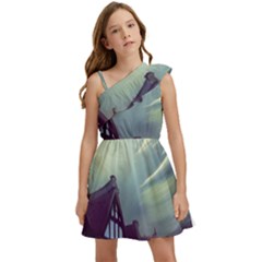 Village Moon Cloudy Historical Tudor Architecture Houses Town Night Windows City Kids  One Shoulder Party Dress by Posterlux