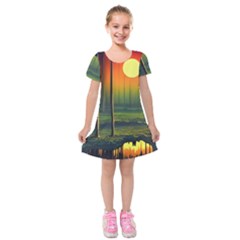 Outdoors Night Moon Full Moon Trees Setting Scene Forest Woods Light Moonlight Nature Wilderness Lan Kids  Short Sleeve Velvet Dress by Posterlux