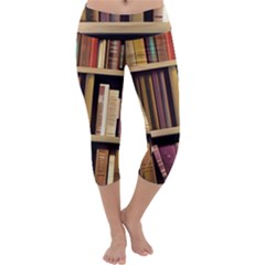 Books Bookshelves Office Fantasy Background Artwork Book Cover Apothecary Book Nook Literature Libra Capri Yoga Leggings by Posterlux