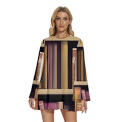 Books Bookshelves Office Fantasy Background Artwork Book Cover Apothecary Book Nook Literature Libra Round Neck Long Sleeve Bohemian Style Chiffon Mini Dress by Posterlux