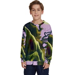 Outdoors Night Full Moon Setting Scene Woods Light Moonlight Nature Wilderness Landscape Kids  Crewneck Sweatshirt by Posterlux