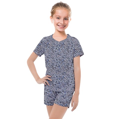 Blue Black Snake Pattern Kids  Mesh T-shirt And Shorts Set by DinkovaArt