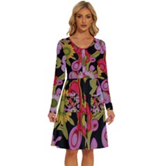 Mid Century Retro Floral 1970s 1960s Pattern 70 Long Sleeve Dress With Pocket by violetheavensky