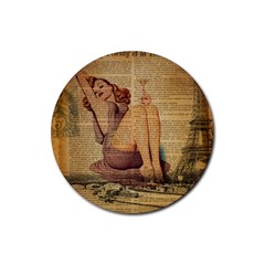 Vintage Newspaper Print Pin Up Girl Paris Eiffel Tower Drink Coaster (round) by chicelegantboutique