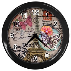 Floral Scripts Butterfly Eiffel Tower Vintage Paris Fashion Wall Clock (black) by chicelegantboutique