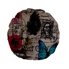 Floral Scripts Blue Butterfly Eiffel Tower Vintage Paris Fashion 15  Premium Round Cushion  by chicelegantboutique