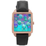 Ocean Dreams, Abstract Aqua Violet Ocean Fantasy Rose Gold Leather Watch  Front