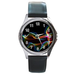 Fluted Cosmic Rafluted Cosmic Rainbow, Abstract Winds Round Leather Watch (silver Rim) by DianeClancy