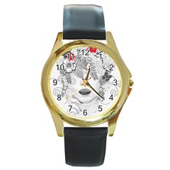 Flower Child Round Leather Watch (gold Rim)  by StuffOrSomething