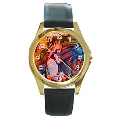 Astral Dreamtime Round Leather Watch (gold Rim)  by icarusismartdesigns