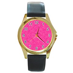 Abstract Stars In Hot Pink Round Leather Watch (gold Rim)  by StuffOrSomething