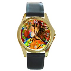 Robot Connection Round Leather Watch (gold Rim)  by icarusismartdesigns
