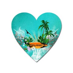 Surfboard With Palm And Flowers Heart Magnet by FantasyWorld7