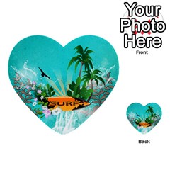 Surfboard With Palm And Flowers Multi-purpose Cards (heart)  by FantasyWorld7