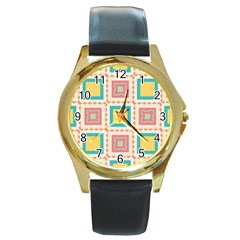 Pastel Squares Pattern 			round Gold Metal Watch by LalyLauraFLM