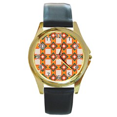 Flowers And Squares Pattern     			round Gold Metal Watch by LalyLauraFLM