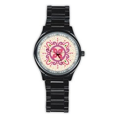 Hindu Flower Ornament Background Stainless Steel Round Watch by TastefulDesigns