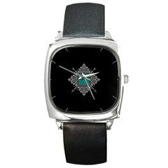 Elegant White Royal Ornament On Black Background Square Metal Watch by TastefulDesigns
