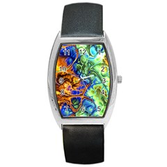 Abstract Fractal Batik Art Green Blue Brown Barrel Style Metal Watch by EDDArt