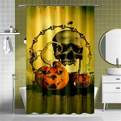 Halloween, Funny Pumpkins And Skull With Spider Shower Curtain 48  X 72  (small)  by FantasyWorld7