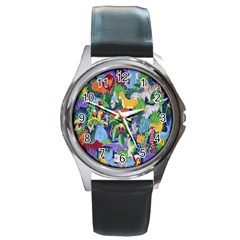 Animated Safari Animals Background Round Metal Watch by Nexatart
