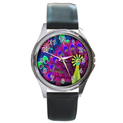 Peacock Abstract Digital Art Round Metal Watch by Nexatart