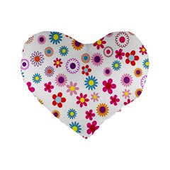 Colorful Floral Flowers Pattern Standard 16  Premium Flano Heart Shape Cushions by Simbadda