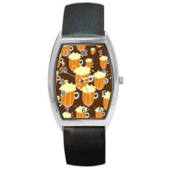A Fun Cartoon Frothy Beer Tiling Pattern Barrel Style Metal Watch by Nexatart