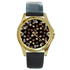 Donuts Pattern Round Gold Metal Watch by Valentinaart