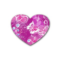 Flower Butterfly Pink Rubber Coaster (heart)  by Mariart