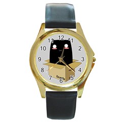 Black Cat In A Box Round Gold Metal Watch by Catifornia
