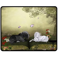 Wonderful Whte Unicorn With Black Horse Double Sided Fleece Blanket (medium)  by FantasyWorld7
