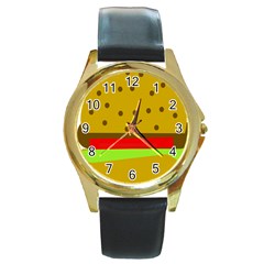 Hamburger Food Fast Food Burger Round Gold Metal Watch by Nexatart