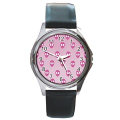 Alien Pattern Pink Round Metal Watch by BangZart
