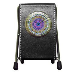 Colorful Purple Green Mandala Pattern Pen Holder Desk Clocks by paulaoliveiradesign