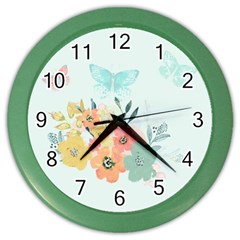 Watercolor Floral Blue Cute Butterfly Illustration Color Wall Clocks by paulaoliveiradesign