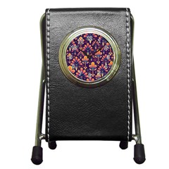 Floral Abstract Purple Pattern Pen Holder Desk Clocks by paulaoliveiradesign