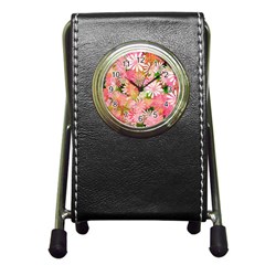 Pink Flowers Floral Pattern Pen Holder Desk Clocks by paulaoliveiradesign