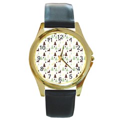 Reindeer Tree Forest Round Gold Metal Watch by patternstudio