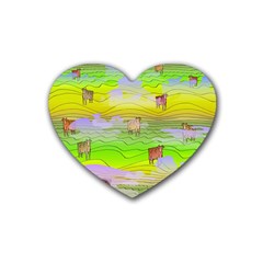 Cows And Clouds In The Green Fields Rubber Coaster (heart)  by CosmicEsoteric