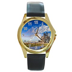 Ruin Church Ancient Architecture Round Gold Metal Watch by Celenk